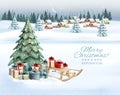 Holiday Christmas and Happy New Year background with a winter village and  christmas trees, winter sledge Royalty Free Stock Photo