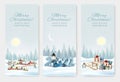 Holiday Christmas and Happy New Year banners with a winter village, sledge with presents Royalty Free Stock Photo