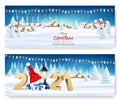 Holiday Christmas and New Year Banners with a Village Landscape and colorful garland. Vector