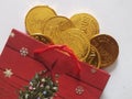 holiday Christmas present gold money finance texture background red bag Ã°Å¸âÂ° manufacturer industry postcard Royalty Free Stock Photo