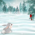 Holiday Christmas scene with cute bunny and cardinal bird. Vector Royalty Free Stock Photo