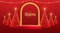 Holiday Christmas showcase background with 3d podium, neon arch and Christmas tree.