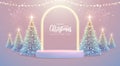 Holiday Christmas showcase background with 3d podium, neon arch and Christmas tree.