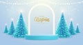 Holiday Christmas showcase background with 3d podium, neon arch and Christmas tree.