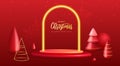 Holiday Christmas showcase background with 3d podium, neon arch and plastic Christmas trees.