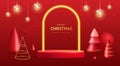 Holiday Christmas showcase background with 3d podium, neon arch and plastic Christmas trees.