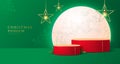 Holiday Christmas showcase green background with 3d podiums, full moon and electric lamps. Abstract minimal scene.