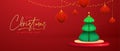 Holiday Christmas showcase red background with 3d podium and Christmas tree. Abstract minimal scene. Royalty Free Stock Photo