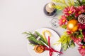 Holiday Christmas table setting. Winter bouquet and natural decoration of tableware