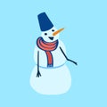 Vector flat snowman with scarf on blue background. Holiday blue illustration.