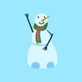 Vector flat snowman with scarf on blue background. Holiday blue illustration