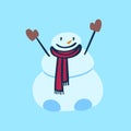 Vector flat snowman with scarf and mittens on blue background. Holiday blue illustration