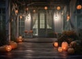 leaf decoration pumpkin holiday halloween porch wooden door house fall. Generative AI.
