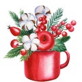 Holiday composition with a red cup, spruce branches, red berries and apple, hand drawn watercolor painting, Royalty Free Stock Photo
