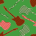 Holiday concept bass guitar silhouettes. Peppermint candy finish bass guitar seamless pattern on green background