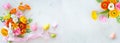 Holiday concept with bouquet of spring flowers, Easter eggs and bunny  on pastel vintage background. Easter composition Royalty Free Stock Photo