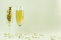 congratulations gift new year champagne glass decorations golden shiny balls isolate white background Royalty Free Stock Photo