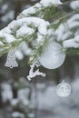 Holiday conifer tree branches with Santa Claus's reindeer ornament and Christmas baubles at wood background