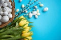 Holiday contept decoration with easter eggs and yellow tulips over blue