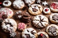 A holiday cookie exchange party featuring an array of homemade cookies, including chocolate crinkles, thumbprints, and linzer