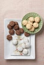 Three holiday cookie groups plated from overhead Royalty Free Stock Photo