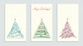 Card with hand drawn merry christmas tree set with falling snowflakes