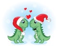 Holiday couple dino with love and Santa hats. Hand drawn seasonal card