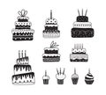 Holiday cream cake with candles vector set, muffins, cupcakes in art line drawing. Set of holiday sweets in black one Royalty Free Stock Photo