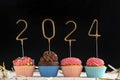 Holiday cupcake with pink glaze and 2024 numbers on black background. New Year and Christmas