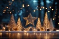 holiday decor display, transparent platform featuring advanced illuminated christmas stars and wireframe trees, with Royalty Free Stock Photo
