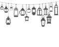 Hunging lanterns. Black on white doodle illustration