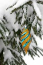 Holiday Decor: Shiny Golden Bauble on Evergreen Tree. Frost-Adorned Fir Trees Create a Winter Wonderland. Christmas Ornaments: