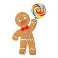 Holiday Decorated Classic Gingerbread Man Cookie hold Rainbow Swirl Lollipop. 3d Rendering
