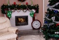 Holiday decorated room with Christmas tree and fireplace Royalty Free Stock Photo