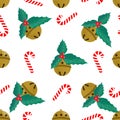 Holiday decoration seamless pattern background. Cute celebration decoration card with Bells,berries holly, candy canes