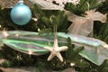 Holiday decorations in blue,green, and white seen in beach themed Christmas tree Royalty Free Stock Photo