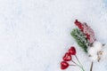 Holiday decorations made of red hearts, fir tree branch and red berries on snow background. Christmas or Saint Valintine Royalty Free Stock Photo