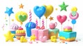 Holiday decorations set for a happy birthday. 3d modern realistic objects. Toy balloons, stars, hearts, cupcakes, cakes