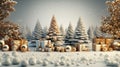 Holiday design, Merry Christmas and Happy New Year festive composition with realistic Christmas trees, gifts box in snow drift, Royalty Free Stock Photo