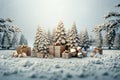Holiday design, Merry Christmas and Happy New Year festive composition with realistic Christmas trees, gifts box in snow drift, Royalty Free Stock Photo