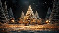 Holiday design, Merry Christmas and Happy New Year festive composition with realistic Christmas trees, gifts box in snow drift, Royalty Free Stock Photo