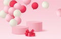 Holiday design template. Festive background with   red and white balloon, gift box and empty pink round podium. Royalty Free Stock Photo