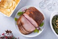 Holiday dinner with honey glazed spiral cut ham and all the sides Royalty Free Stock Photo