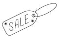 Holiday discounts. A tag with the inscription SALE. Sketch. The tag is hanging on a rope, decorated with snowflakes. Vector