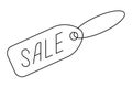 Holiday discounts. A tag with the inscription SALE. Sketch. The tag is hanging on a rope. Vector illustration. Seasonal sale.