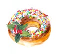 Holiday donut cake with sprinkles topping, christmas mistletoe. Watercolor