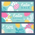 Holiday Easter background with colorful easter eggs and flowers. Set of Easter sale bannes.