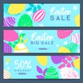 Holiday Easter background with colorful easter eggs and flowers. Set of Easter sale bannes.