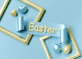 Holiday Easter background. 3d render. Blue and gold eggs, hearts, scroll for text, and gold frams. Template for greeting card
