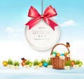 Holiday Easter background with eggs in a basket.